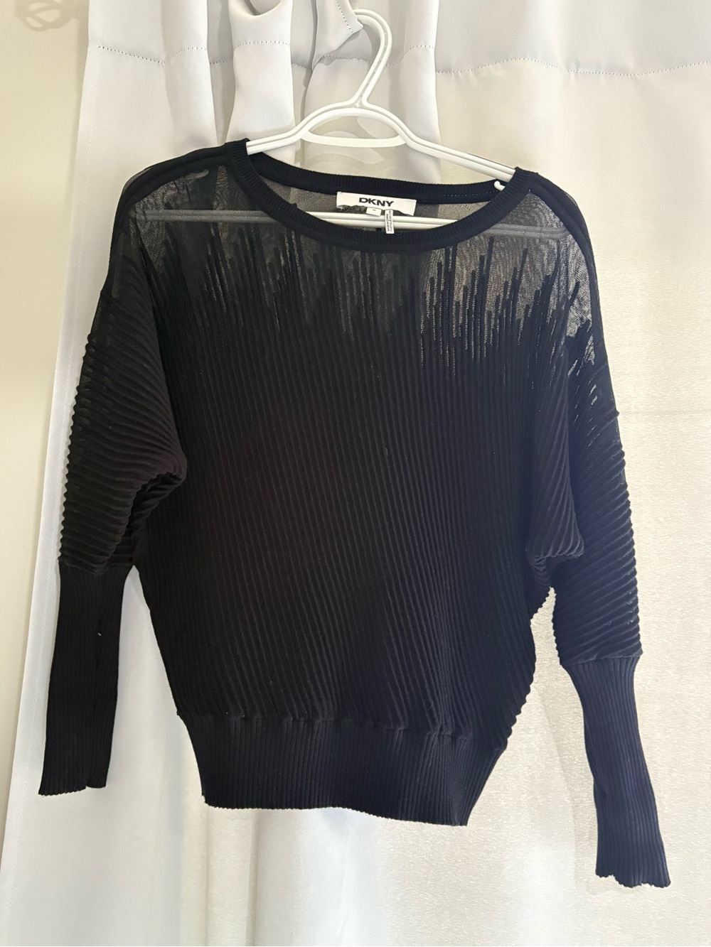 DKNY Black Ribbed Semi-Sheer Crewneck Sweater